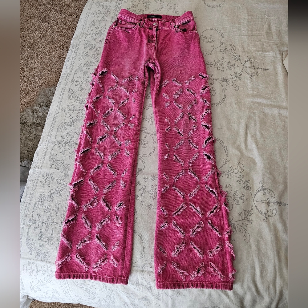 Versace Slashed Medusa Jeans In Pink
